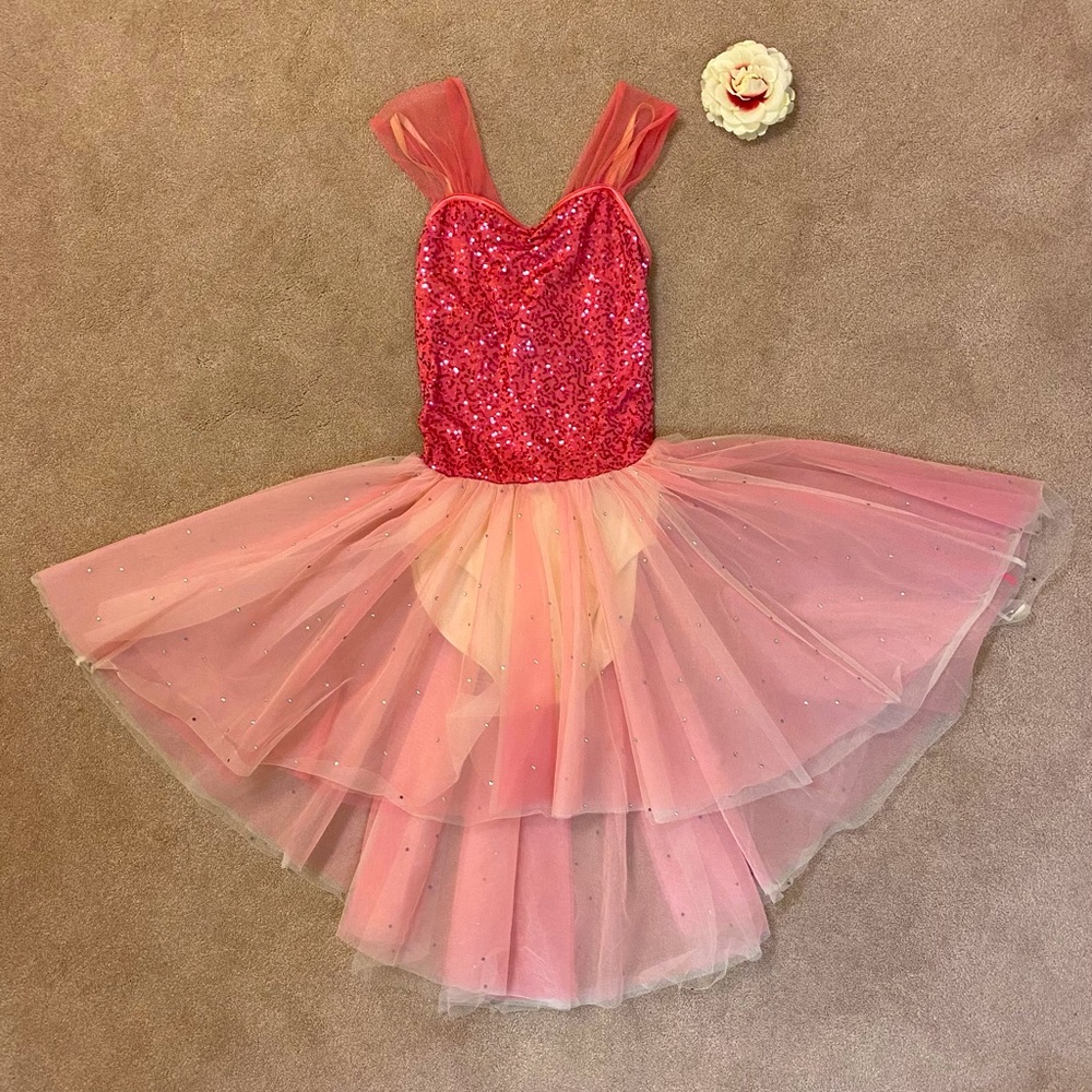 Pink lyrical dance costume and flower hair clip